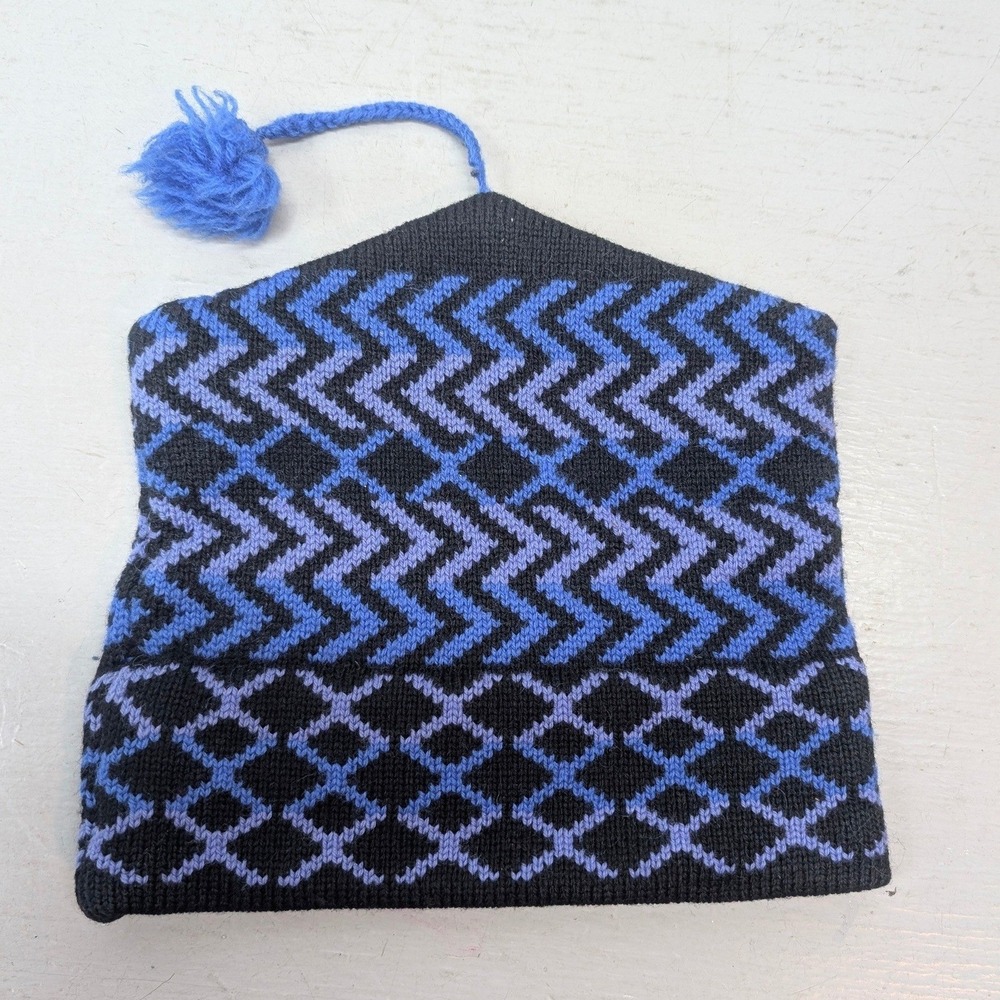 Vintage ISIS Wear Geometric Knit Beanie Tassel One Size Black Blue Wool Blend